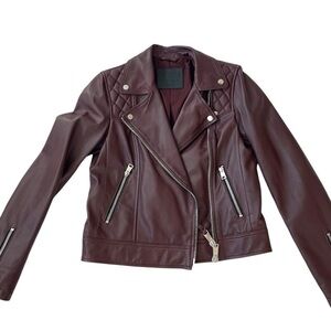 Brand new All Saints real leather burgundy Moto jacket, only worn once Sz Small